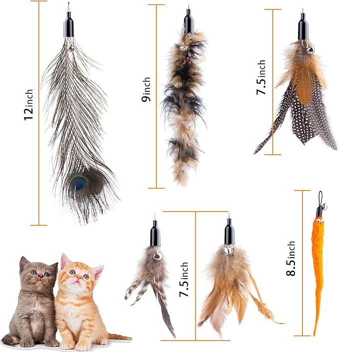 Retractable Cat Wand Toys - Interactive Feather Wand with Bell for Indoor/Outdoor Cats, 8 Pack