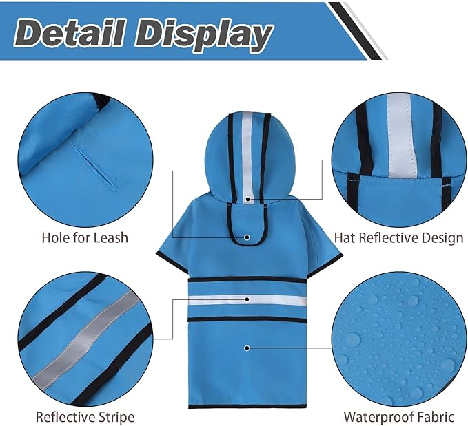 KOOLTAIL Dog Raincoat Hooded Slicker Poncho with Leash Hole, Raincoat for Large Dogs, Waterproof Doggie Rain Jacket with Reflective Strip, Adjustable Breathable Plaid Extra Large Rainwear-Blue Solid