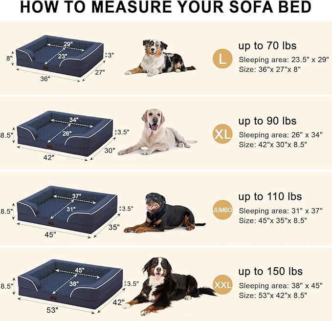 Orthopedic Dog Beds for Extra Large Sized Dogs, Waterproof Memory Foam XL Pet Bed with Sides 42x30Inch, Non-Slip and Egg-Crate Foam Big Dog Couch Bed with Removable Washable Cover, Navy Blue