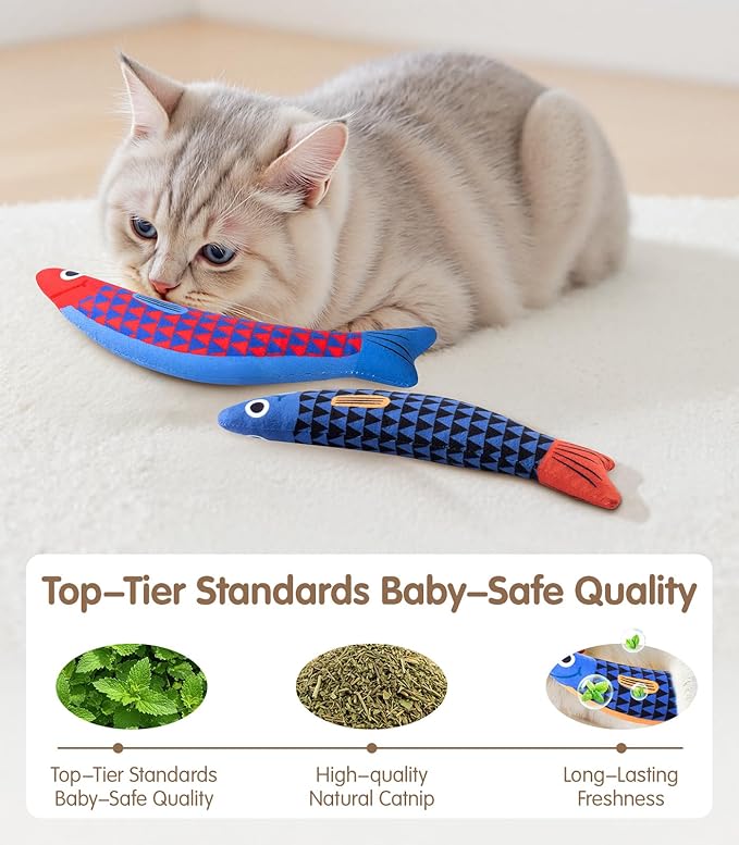 Interactive Cat Toys with[5000mg Premium A+Catnip][Baby Grade] Soft Chew Kicker Cat Toys for Indoor Cats & Kittens, Crinkle &Rattle Fish Sound Toy, Drives Bored Cats Crazy with Fun,2 Pack