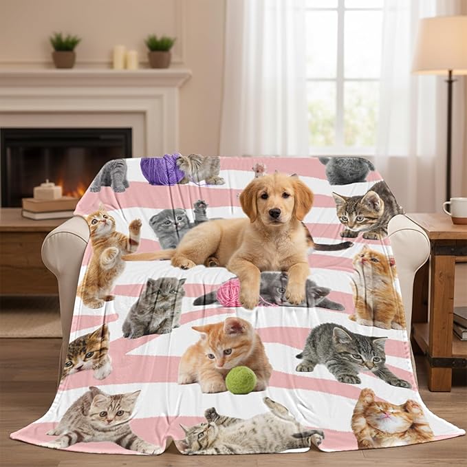 Cat Blanket for Girls Boys, Soft Flannel Fleece Throw Gifts, Lightweight Cozy Cute Cats Decor Blanket 40"x50"