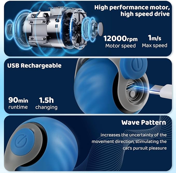 Interactive Cat Toys for Indoor Cats-Rechargeable Moving Cat Toy Ball with USB Charging, 3 Speedy Replaceable Tails & Random Motion Modes, Cat Chase Toy for Bored Indoor Cats,Auto Roll