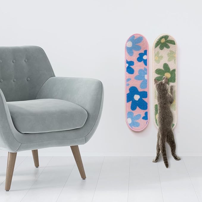 Wall Mounted Cat Scratching Board Skateboard Style (24"x6") - Reusable Wooden Board + Replaceable Cat Scratcher Map with Mounted Setup