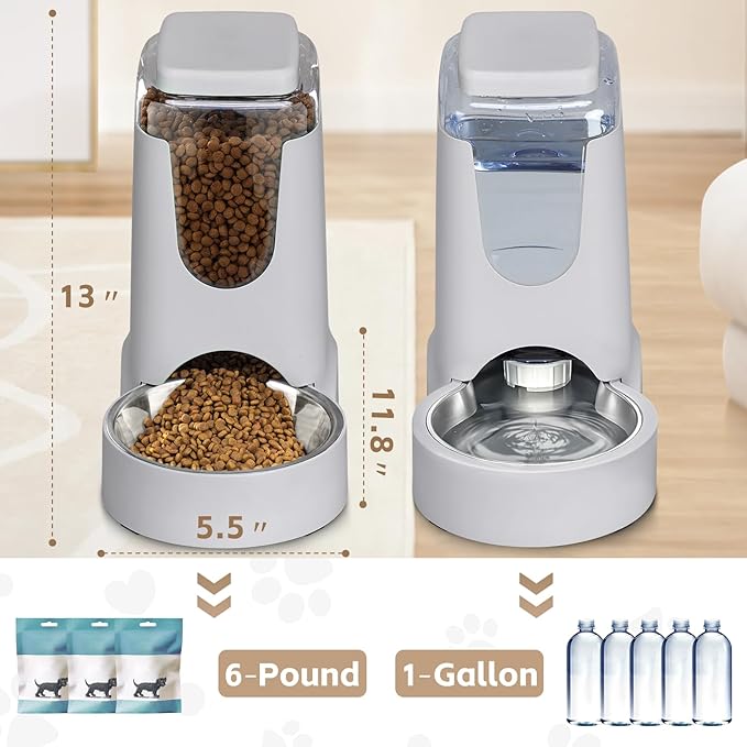 HWONMTE Portable Automatic Cat Feeder and Water Dispenser with Stainless Steel Bowl Dog Gravity Food Feeder and Waterer for Small Medium Pets Puppy Kitten 1 Gallon x 2 (Silver Gray)