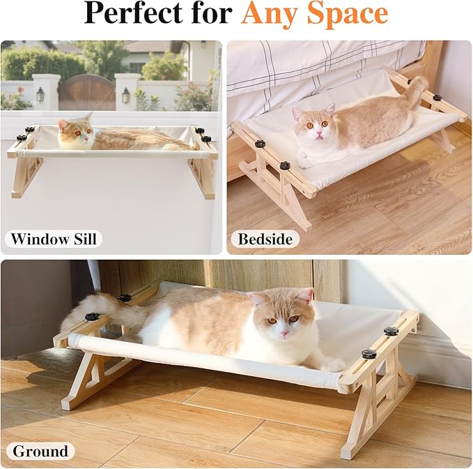 Tresbro 2-IN-1 Cat Window Perch & Elevated Cat Hammock, 26''L × 15.7''W × 10.2"H Wooden Frame Pet Bed for Large Indoor Cats, Easy Setup, Adjustable, No Drilling, Cats Seat for Window, Bedside, Ground