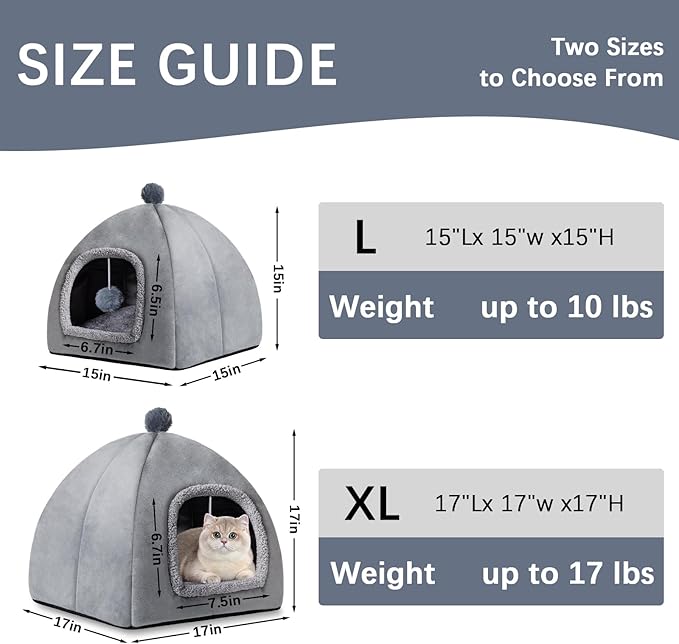 Cat Bed Cave for Indoor, Suitable for Cat Dome Bed, Hideaway Bed for Indoor Cats with Removable Mattress for Kittens. Cat Tent House for Dual Use (M:15"x15")