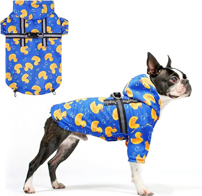 BEAUTYZOO Dog Raincoat Hooded with Harness Built-in for Small Medium Large Dogs Girls Boys, Dog Rain Jacket Slicker Poncho,Waterproof Dog Rain Coat Clothes for Winter Rainy Snowy Days, Yellow Duck, L
