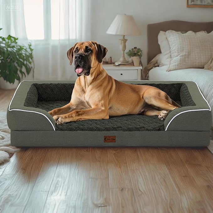 Orthopedic Dog Beds for Extra Large Sized Dogs, Waterproof Memory Foam XL Pet Bed with Sides 42x30Inch, Non-Slip and Egg-Crate Foam Big Dog Couch Bed with Removable Washable Cover, Dark Green
