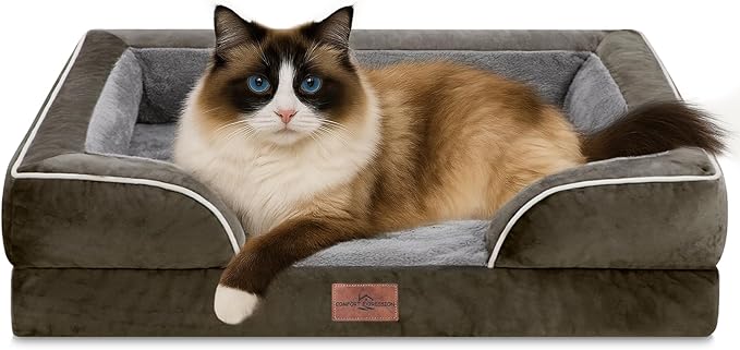 Comfort Expression Orthopedic Dog Bed for Small Dogs 20x14 Inch, Waterproof Supportive Egg Crate Foam Small Pet Bed with Removable Bolsters, Dog Couch with Washable Cover & Non-Slip Bottom, Dark Green