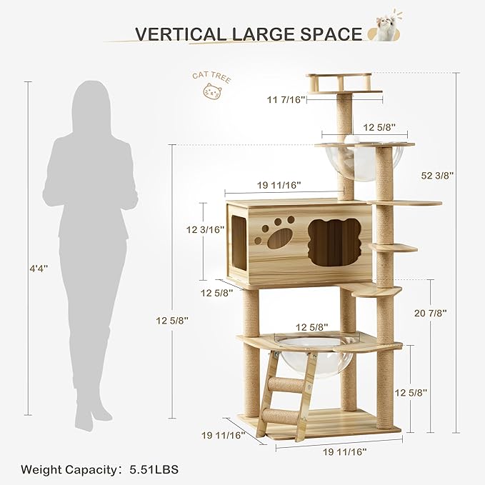 EUREKA ERGONOMIC Cat Tree Large 52 Inch, Wooden Cat Tower Multi-Level Cat Tree Tower for Indoor Cats Large Adult with Scratching Post, House, Pompoms, Cat Stand with Scratch Pad (Yellow)