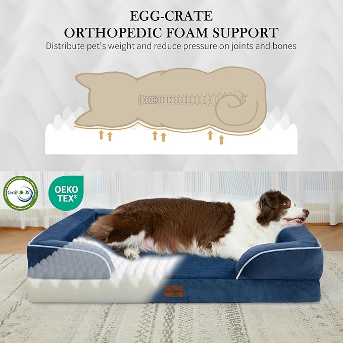 Comfort Expression Orthopedic Dog Bed for Medium Dogs 28x19 Inch, Waterproof Supportive Egg Crate Foam Medium Pet Bed with Removable Bolster, Dog Couch with Washable Cover & Non-Slip Bottom, Navy Blue