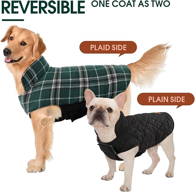 Kuoser Warm Dog Coat, Waterproof Dog Jacket for Extra Large Dogs, Adjustable Durable XXL Doggie Winter Coat Reversible Puppy Cold Weather Apparel from Small to Large Breed, Green XXL