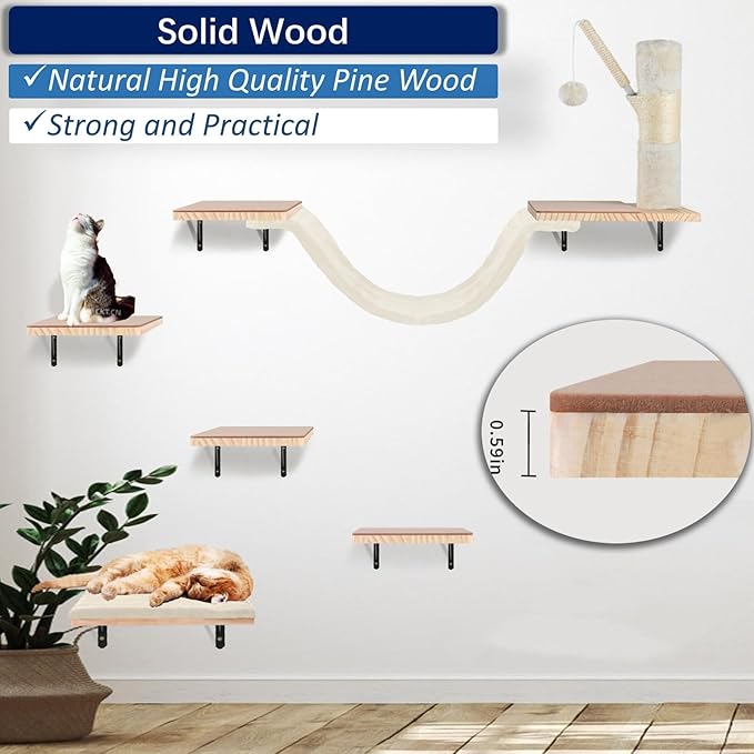 Cat Wall Shelves, Solid Wood Cat Wall Furniture Set, with Cats Bed, Hammock, Felt Ladder, Sisal Scratching Post & Ball (Beige)