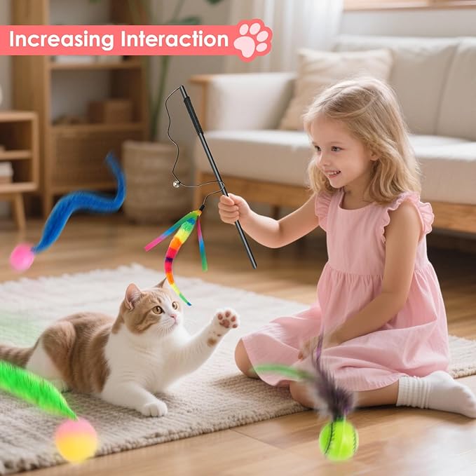SHENGSEN Feather Wand Cat Toy，Bouncy Ball with Tail Cat Toys，Magic Worm with Large Colorful Ball Toy for Cats，Cat Feather Toys for Indoor Cats,Colorful Fuzzy Worm Bouncy Balls Cat Toy