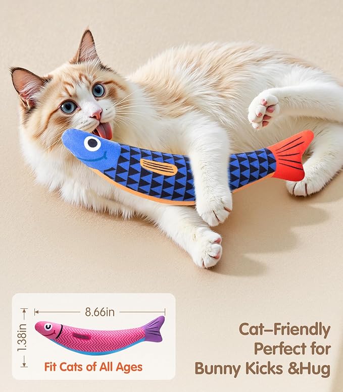 Interactive Cat Toys with [5000mg A+ Organic Catnip] [Baby Grade] Soft Chew Kicker Cat Toys for Indoor Cats & Kittens,Crinkle &Rattle Fish Sound Toy,Drives Bored Cats Crazy with Fun,2 Pack