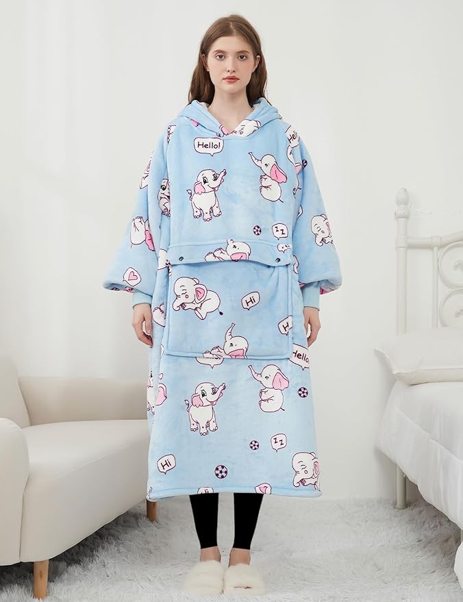 KFUBUO Wearable Blanket Hoodie for Adult Long Sherpa All Patterns Elephant Oversized Hoodie Sweatshirt Blanket Cute Birthday Gifts for Women