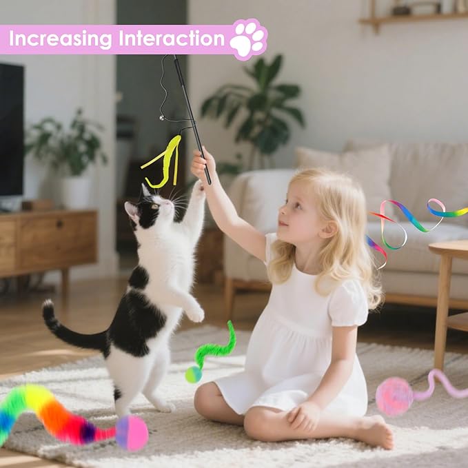 SHENGSEN Feather Wand Cat Toy,Bouncy Ball with Tail Cat Toys,Magic Worm with Large Colorful Ball Toy for Cats,Cat Feather Toys for Indoor Cats,Colorful Fuzzy Worm Bouncy Balls Cat Toy (ADM102-B-3B)