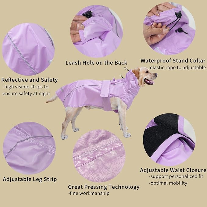 Adjustable Waterproof Dog Raincoat for Dogs,Lightweight Pet Rain Jacket Puppy Clothes with Reflective Strip for Small Medium Large Dogs (Light Purple, X-Small)