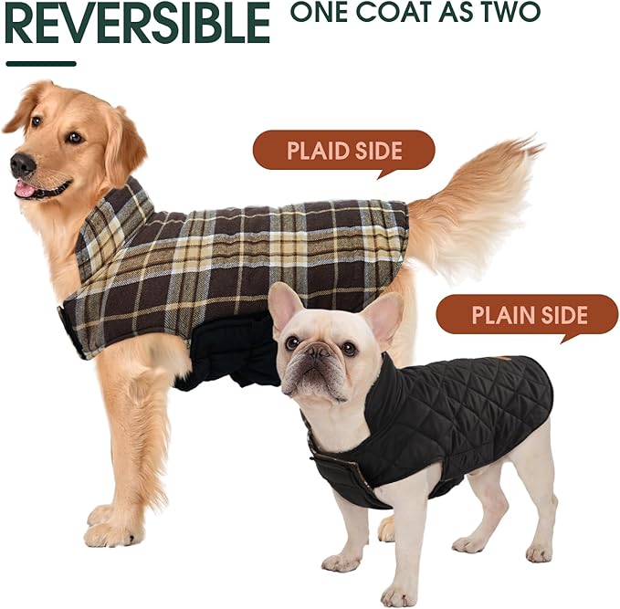 Kuoser Waterproof Dog Coat, Reversible Dog Jacket for Large Dogs, Adjustable Durable Doggie Winter Coat for Groowing Puppies Warm Puppy Cold Weather Apparel, New Brown L