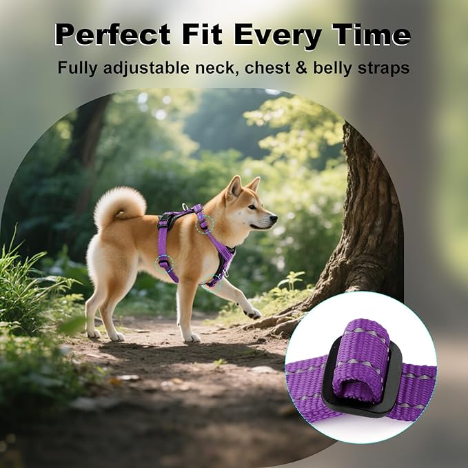 Plutus Pet Adjustable No Pull Dog Harness with Leather Accents, Heavy Duty Reflective Nylon Vest for Training, Hiking, Easy Walk Harness for Small, Medium, Large Dogs (Purple, M)