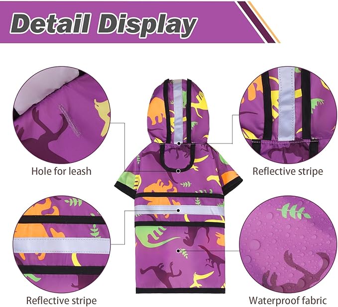 KOOLTAIL Dog Raincoat Hooded Slicker Poncho with Leash Hole, Raincoat for Small Medium Dogs, Waterproof Doggie Rain Jacket with Reflective Strip, Adjustable Breathable Puppy Rainwear-Dinosaur Cartoon