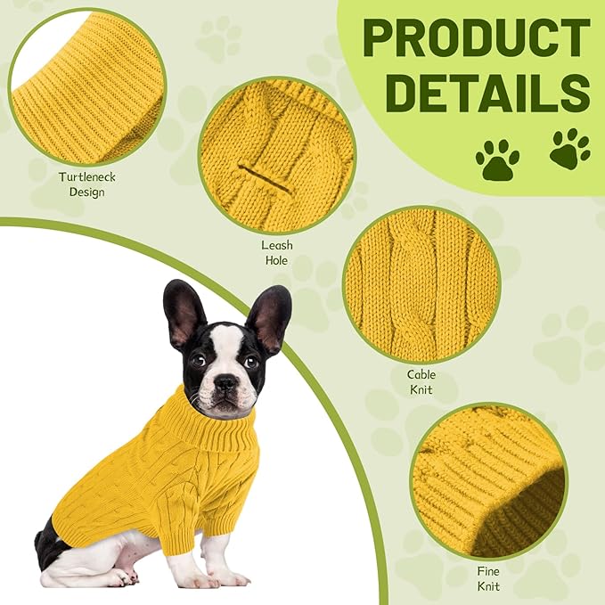 Small Dog Thermal Pullover Sweater, Classic Turtleneck Cable Knitwear Dog Clothes for Cold Weather Warm Pet Clothes for Chihuahua, Bulldog, Dachshund, Pug Yellow XX-Large