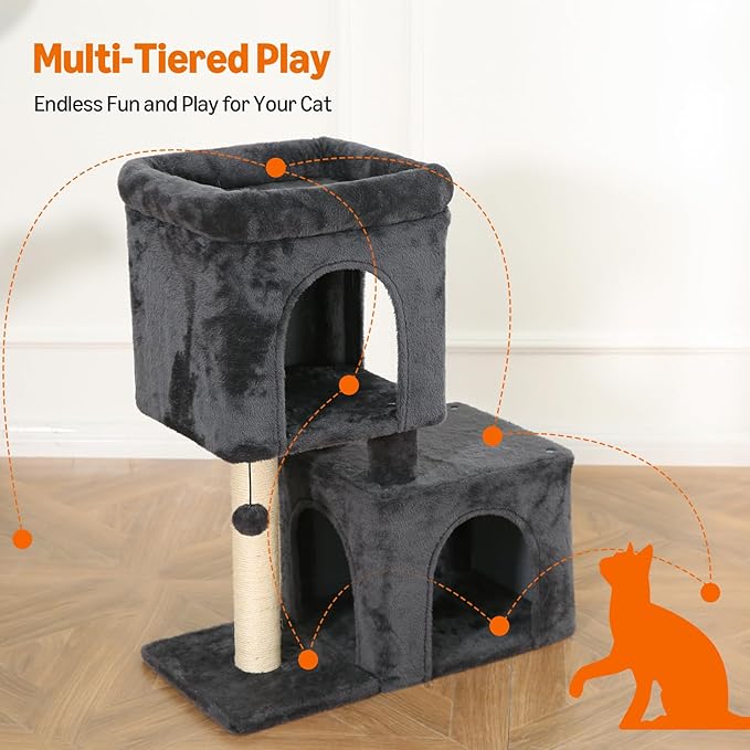 Amazon Basics 30-Inch Cat Tree Tower, Activity Center with 2 Plush Condos, Sisal Scratching Post and Hanging Pompom, Gray