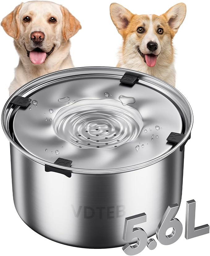 Dog Water Bowl No Spill,5.6LStainless Steel Dog Water Bowl with Anti-Slip,Spill Proof Slobber Stopper No Drip Slow Drinking Feeder for Sloppy Messy Drinkers,Indoor and Outdoor Use