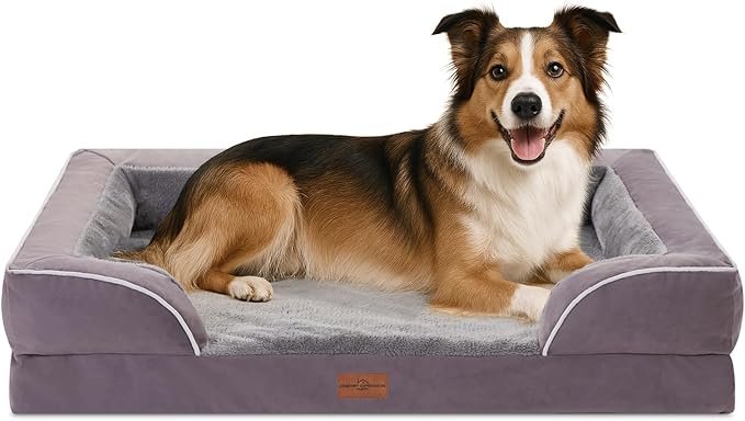 Comfort Expression Orthopedic Dog Bed for Large Dogs 38x25 Inch, Waterproof Supportive Egg Crate Foam Large Pet Bed with Removable Bolsters, Dog Couch with Washable Cover & Non-Slip Bottom, Purple