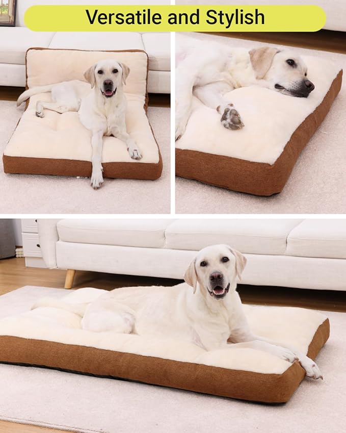 Washable Dog Bed for Large Dog, XL Crate Bed Plush Pet Kennel Pad with Non-Slip Bottom, Pet Sleeping Mat, 41x27 inch, Khaki