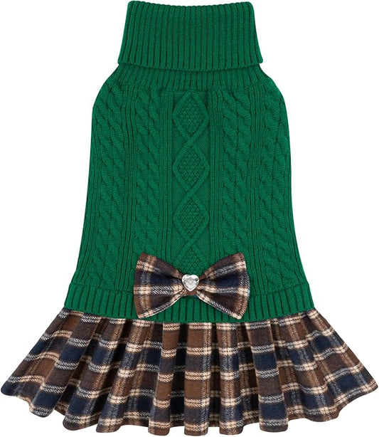 KYEESE Dog Sweater Warm Puppy Sweater Dress Soft Pullover Pet Coats Stretchy Knitwear Dog Sweaters for Small Dogs Male Thick Dogs Clothes with Bowtie Comfy Turtleneck Cat Sweaters, Green, X-Small