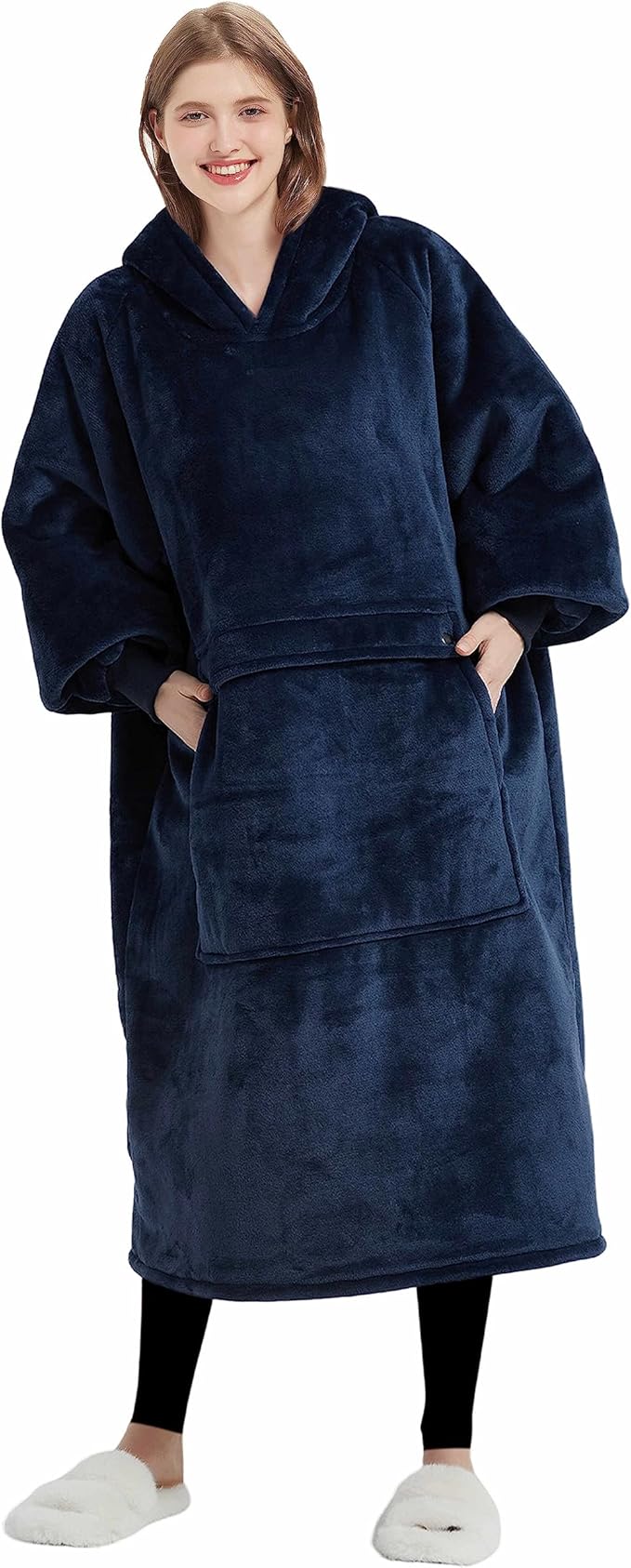 KFUBUO Wearable Blanket Hoodie for Adult Long Sherpa Oversized Hoodie Sweatshirt Blanket Birthday Gifts for Women Navy