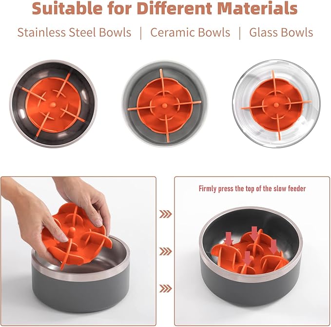 Jaoul Slow Feeder Dog Bowls Insert for Large Breed, 7 Inch Cuttable Slow Feeder Insert with 32 Octopus Suction Cups for Medium Large Size Dog Food Bowl (X-Large, Orange)
