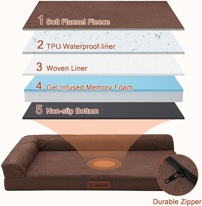 Orthopedic Dog Beds Large Sized Dog, Memory Foam Pet Bed for Large Dogs, Washable Removable Cover, Nonskid Bottom, Waterproof, 44x32x6 Inches, Brown Grey