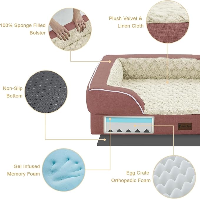 Orthopedic Dog Beds for Extra Large Sized Dogs, Waterproof Memory Foam XL Pet Bed with Sides 42x30Inch, Non-Slip and Egg-Crate Foam Big Dog Couch Bed with Removable Washable Cover, Pink