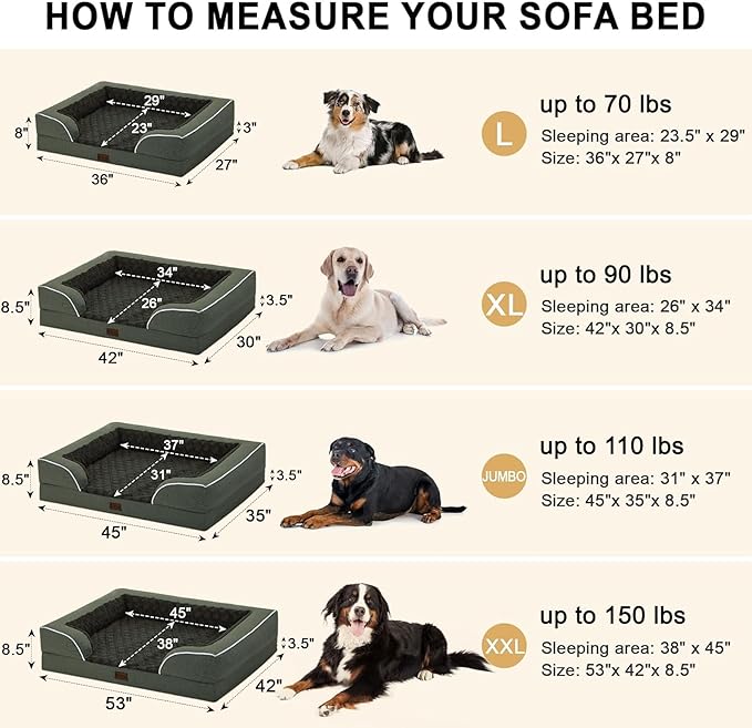 Orthopedic XL Dog Beds, Waterproof Memory Foam Big Pet Bed for Extra Large Sized Dogs 45x35Inch, Non-Slip Bottom and Egg-Crate Foam Dog Couch Bed with Washable Removable Cover, Dark Green