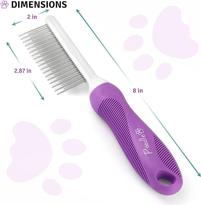 Poodle Pet Detangling Pet Comb with Long & Short Stainless Steel Teeth for Removing Matted Fur, Knots & Tangles – Detangler Tool Accessories for Safe & Gentle DIY Dog & Cat Grooming