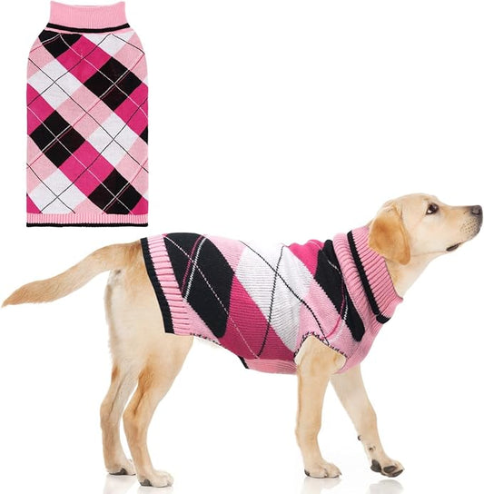 KOOLTAIL Dog Sweater Pet Knitted Clothes - Classic Plaid Pull Over Turtleneck Dog Sweaters with Leash Hole Warm Dogs Winter Clothing for Small Medium Dogs Cats Puppy L