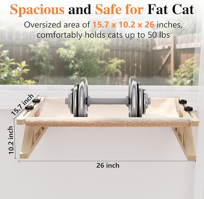 Tresbro 2-IN-1 Cat Window Perch & Elevated Cat Hammock, 26''L × 15.7''W × 10.2"H Wooden Frame Pet Bed for Large Indoor Cats, Easy Setup, Adjustable, No Drilling, Cats Seat for Window, Bedside, Ground