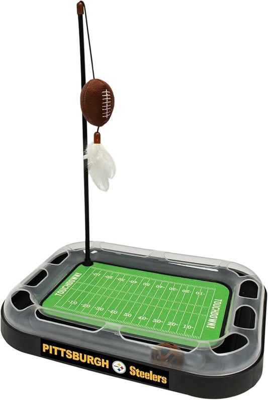 Pets First BEST CAT TOY Pittsburgh Steelers Football Field CAT Scratcher Toy with Catnip Filled Plush Football Toy&Feather Cat Toy Hanging, Jingle Bell Interactive Ball Cat Chasing 5-in-1 Kitty Toy