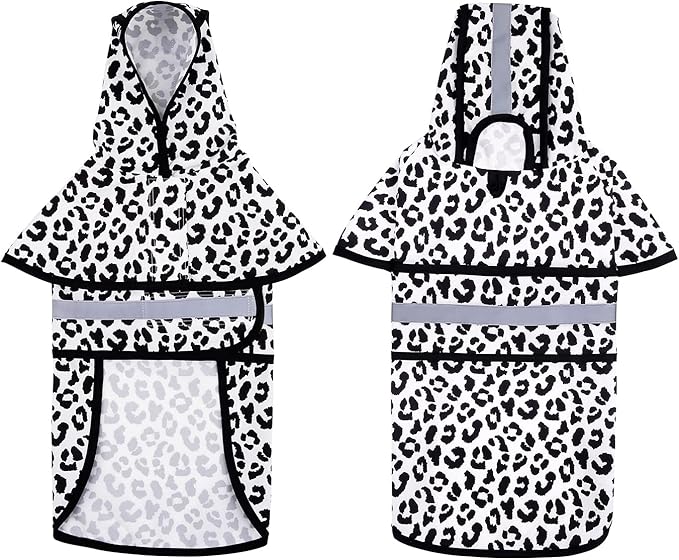 HDE Dog Raincoat Jacket Reflective Adjustable Hooded Pet Poncho Rain Coat with Leash Hole for Small to X-Large Dogs Snow Leopard - L