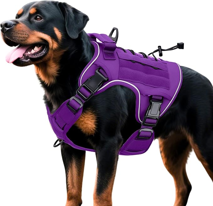 Heavy-Duty Tactical Dog Harness for Large Dogs, No Pull Adjustable Reflective Pet Vest with Molle System, K9 Military-Grade Control for Service Training, Outdoor & 10+ Breeds, Purple, XX-Large
