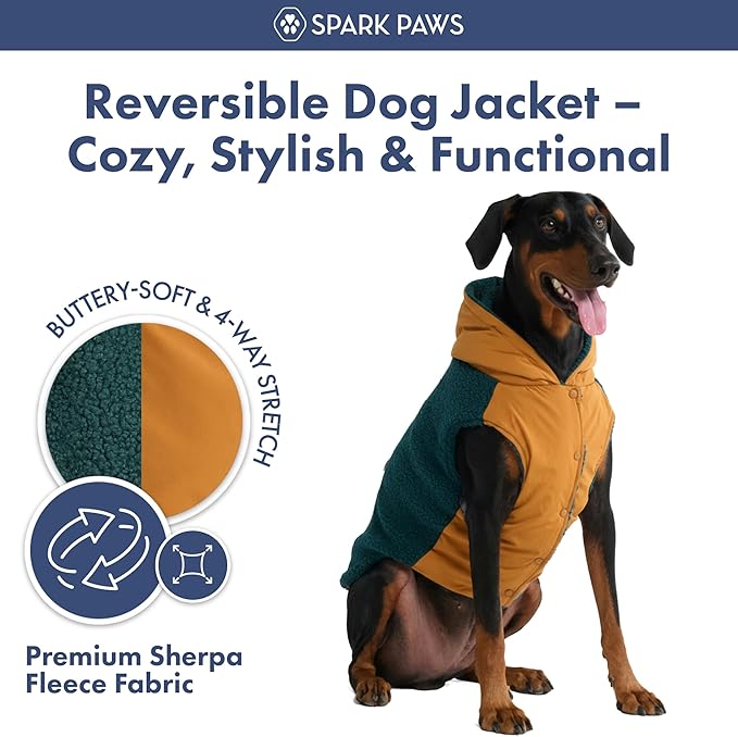 Spark Paws Reversible Dog Sweater, Sherpa Jacket Vest with Warm Fleece Lining, Warm Coat for Winter, Suitable for Small Medium, Large, XL XXL Dogs - Orange and Green - 2XL