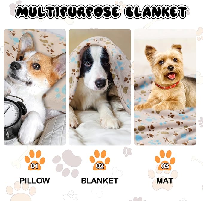 Rezutan Dog Blanket for Large Dogs, Upgraded 3 Pack Dog Cat Flannel Blankets Washable, Soft Pet Mat Throw Cover Suitable for Kennel Crate Bed, Cute Paw Pattern, Beige, 31" x 41"