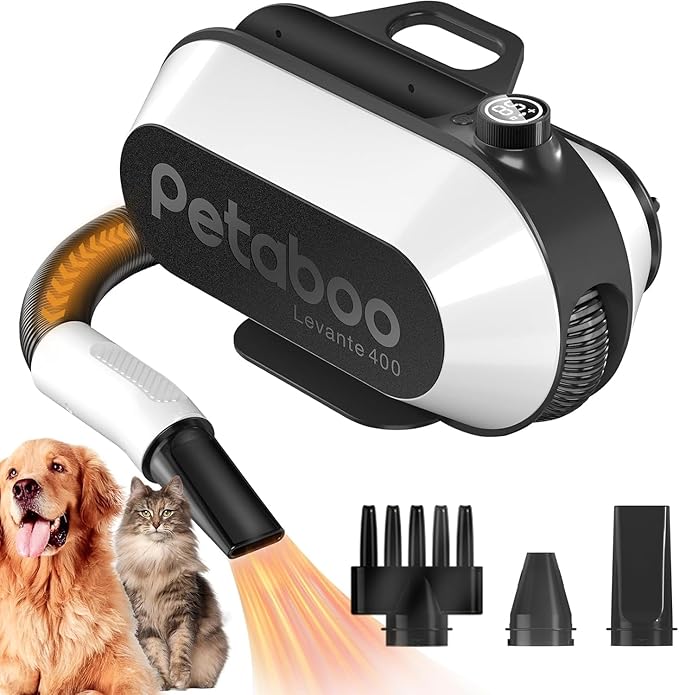 petaboo Dog Blow Dryer - Ultra-Quiet 40dB Cat Mode, 3-in-1 Nozzles & Adjustable Speed/Temp, Negative Ion Technology, BLDC Motor for Fast Drying, Portable & All-in-One Storage for Dogs & Cat