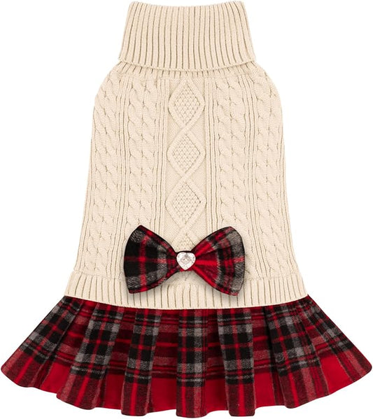 KYEESE Dog Sweater Warm Pullover Pet Coats Stretchy Cat Sweaters Thick Dogs Clothes with Bowtie Soft Turtleneck Pet Sweater Dress Knitwear Dog Sweaters for Small Dogs Girl for Cold Weather Winter