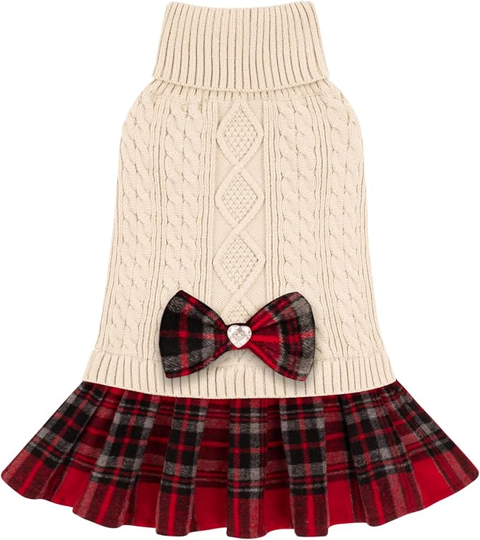 KYEESE Dog Sweater Knitwear Dog Sweaters for Small Dogs Girl Thick Dogs Clothes with Bowtie Stretchy Cat Sweaters Warm Pullover Pet Coats Soft Turtleneck Pet Sweater Dress for Cold Weather Winter