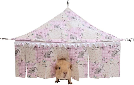 2-in-1 Guinea Pig Hideout & Bed Hammock – Washable Pink Plaid Fleece Decor with Thick Mat – Cage Accessories for Small Animals Like Rabbits, Chinchillas & Ferrets to Play, Hide & Rest