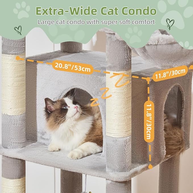 Taoqimiao 71 Inches Cat Tree for Large Cats 20lbs+, 3 Giant Perches, Multi-Level Cat Tree Tower, Widened Cat Condo with 9 Scratching Posts, Luxurious Hammcock & Basket, Light Gray, MS034W
