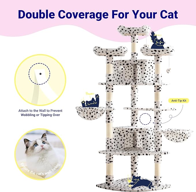 Allewie 73in Fan-Shaped Space-Saving Corner Cat Tower/Multi-Level Tall Cat Tree for Indoor Kitties/Cozy Baskets/Condos/House/Perches/Sisal Scratching Posts/Pet Activity Center/White & Black Spot